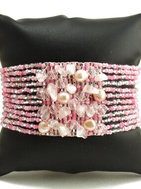 Czech Glass Bead CLUSTER Bracelet Pink and Crystal